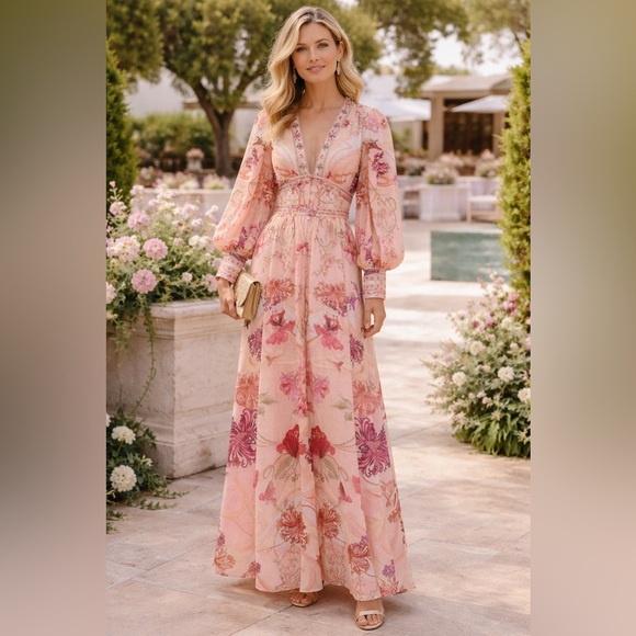 Camilla Dresses & Skirts - Camilla Shaped Waistband Dress W Gathered Sleeves Blossoms And Brushstrokes NWT